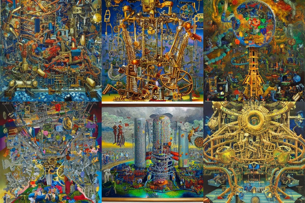 large mechanical device enslaving humanity and grinding down the truth, maxim, abstract oil painting by Raqib Shaw and joseph albers