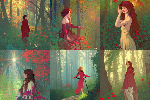 a girl on a hike, trending on artstation n 9, colourful palette, and magali villeneuve, light rays are coming through the leaves above, fan art, simple color palett by mucha, art style by klimt and nixeu and ian sprigger and wlop and krenz cushart, spots of red flowers nearby