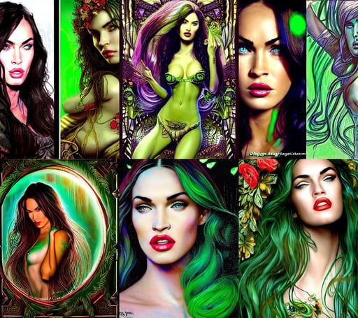 megan fox in the style of stefan kostic, krzysztof porchowski jr, ornate flowers, digital screen, volumetric lightning by eugene von guerard, female orc forest druid, art by Tim Burton, goddess, neon green hair emitting light, art by artgerm and h r giger and greg rutkowski and alphonse mucha, face completely covered in phthalo blue filigree, clean soft lighting, fantasy character portrait by Greg Rutkowski, shiny eyes, human and life. All these three parts compose the heaven