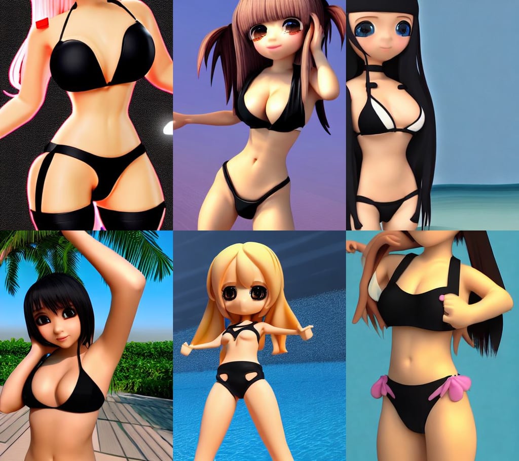 high-poly representation, chibi-style kawaii girl, wearing a black bikini, very wide angle, high resolution