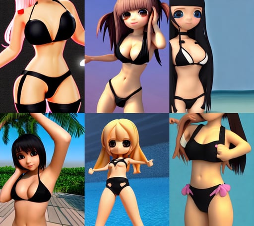 high-poly representation, chibi-style kawaii girl, wearing a black bikini, very wide angle, high resolution