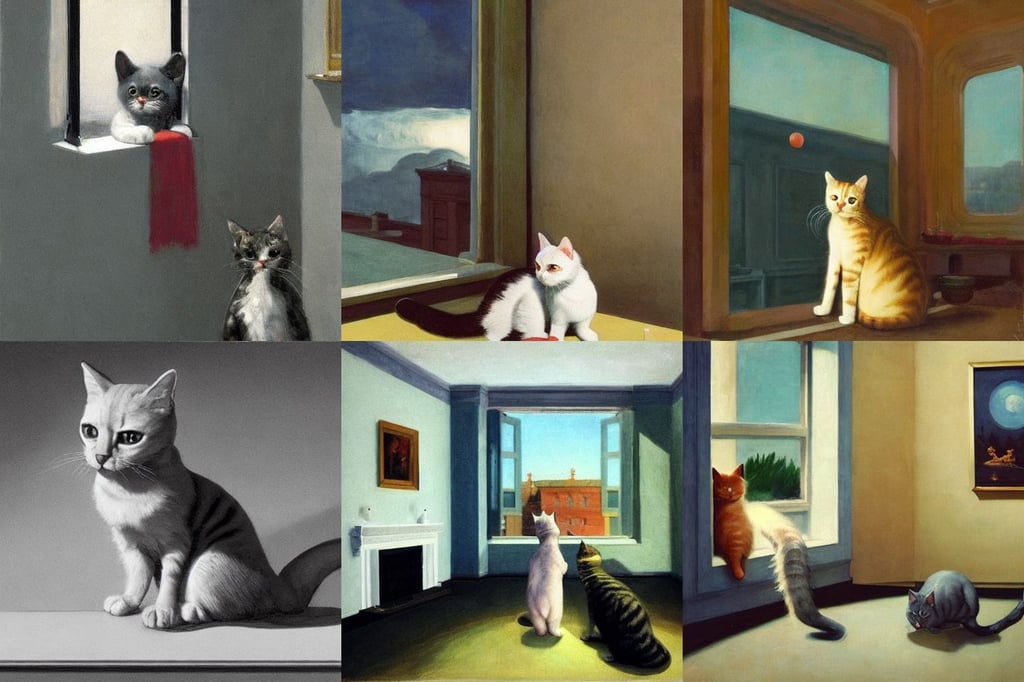 A little cat in a mansion, Brian Sum, expansive sky, art by Edward Hopper, art by Raffaello Sanzio, Kangol, in the suburbs, dark fantasy