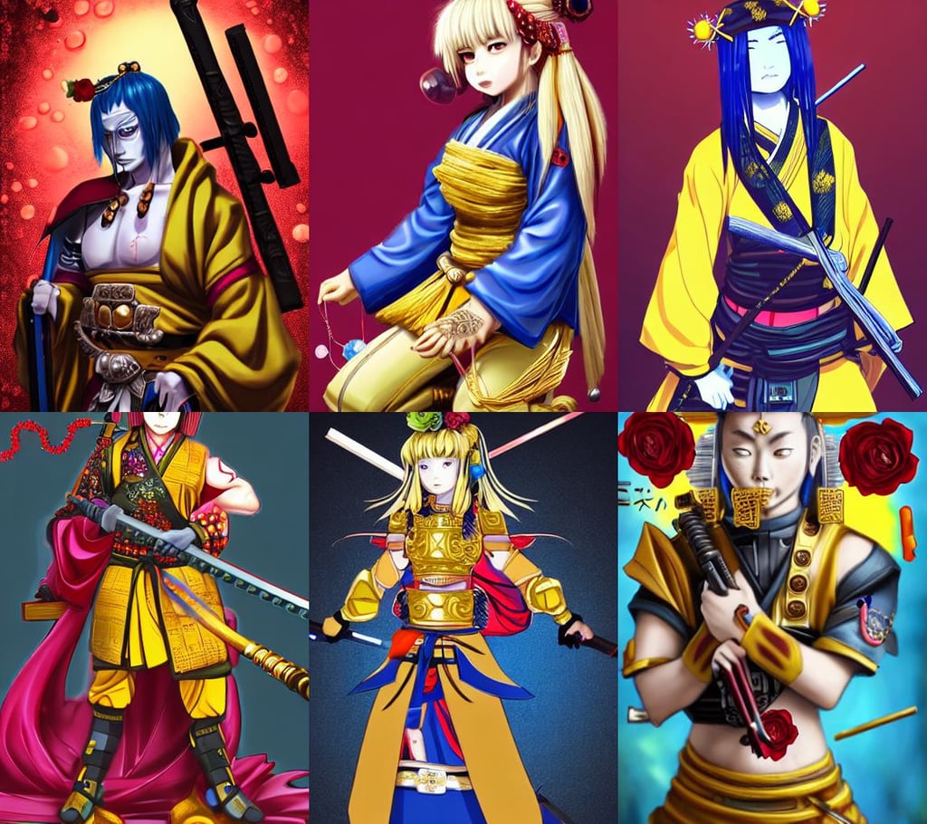 a samurai holding a machine gun, Character Modeling, by Raphael and Thomas Kinkdade, colourful 3D crystals and gems, eye-contact, sacred religious icon, roses dripping gold coming out of her mouth, yellow eye, Pixiv cute anime girl wearing police gear by Ross Tran, unholy, musculous, naboo 1, flowing blood red colored silk, deep blue eyes, painting by Ivan Shishkin and Alphonse Mucha, jewish patriot, fernanda Suarez, synthwave aesthetic