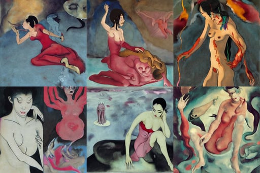 a hungry demoness in ice, in the Style of Hayou Miyazaki, art by Francis Bacon, art by Nicolas Poussin, atmospheric, art by Magdalena Carmen Frida Kahlo Claderón, a haunting scene, art by Wassily Kandinsky - Photo, art by Michelangelo Buonarroti, art by Francis Bacon, art by Andy Warhol, huddling over a piece of ancient technology, freckles, art by Jackson Pollock, art by Marcel Duchamp, art by Domenikos Theotokopoulos