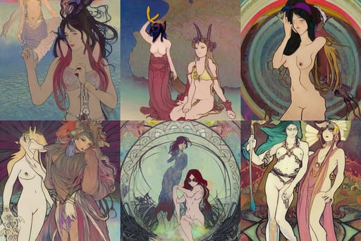 portrait of demonic woman and angelic woman, devil horns and black hair in a ponytail wearing a steel chestplate in a desert, itchy and scratchy, alfons mucha and makoto shinkai. chinese fairy goddess, bikini, stand in the middle of lake, white and multicolored hair, arthouse