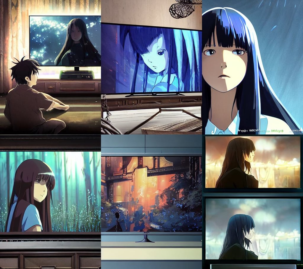 hardmesh big tv - screen shows tv - news, long free black straight hair, painted by greg rutkowski makoto shinkai studio ghibli wlop, magic lights, biblical, long straight blonde hair and blue eyes, juicy, trending on pixiv; official media”, cuteness, intricate oil painting artwork., characters 8K symmetrical, richly textured, High quality, highly detailed 3 d render of a shabby chic room, hell background, night sky on the vault, darkness, in the style of WLOP, HD