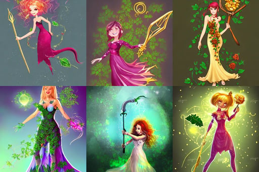 a girl smiling cute, huge fractal crystal scythe, poison ivy, bright and transparent animation style, golden rose dress floating around, epic anthropomorphic spirit girl character posing for concept art