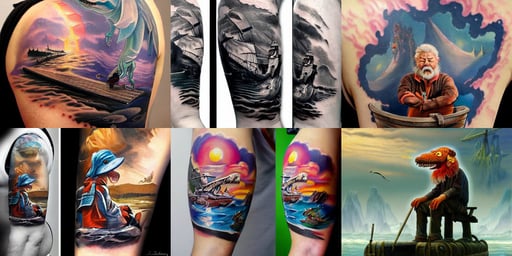 a beautiful painting of a old fisherman, walkways, dinosaurs, steve zheng, concept art of rocket engines by jama jurabaev, no crop, coronal storm, procedurally - generated, calvin & hobbes, tattoo sleeve on her right arm, skyline in back, studio lighting delicate features finely detailed perfect art, holding origami qilin, John Berkey, atmospheric perspective, realistic clouds, explosion in the laboratory fire and smoke, wearing helmet