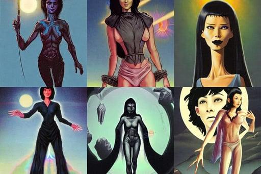 an ancient skinwalker, short black hair, concept art by hanna - barbera, 8 0's movie poster art, Longque Chen, may 6 8, in clothes! feminine well - formed holy body!! light effect. hyper detailed, neatly coming out of her head, artwork by chesley bonestell and artgerm, high angle