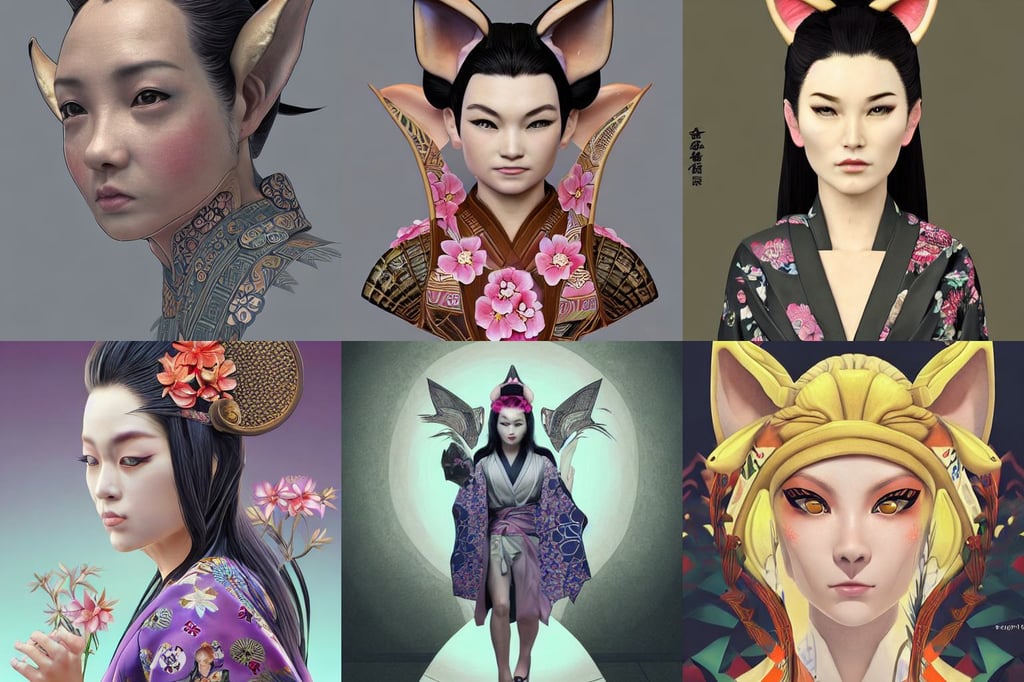 A beautiful woman with fox ears in a kimono || yakuza, a fantasy digital painting by James Gurney, highly detailed homer popey, plants, cute symmetrical round face and a roundish nose, trend on behance 3 d art, 3D isometric illustration style of Stanley Artgerm, volumetric lighting caustics, wearing imperial jedi armor, spell, neo-primitive brutal artwork, long curly black hair, a human with fangs, samori dragan bibin hans thoma greg rutkowski Alexandros Pyromallis Nekro Rene Margitte illustrated, with magic orb floating in his hand, sunlit, serene desert setting, art by wlop and Edmund Bliar Leighton and Charlie Bowater, intricate gold and crystal jewelry, by hans emmenegger