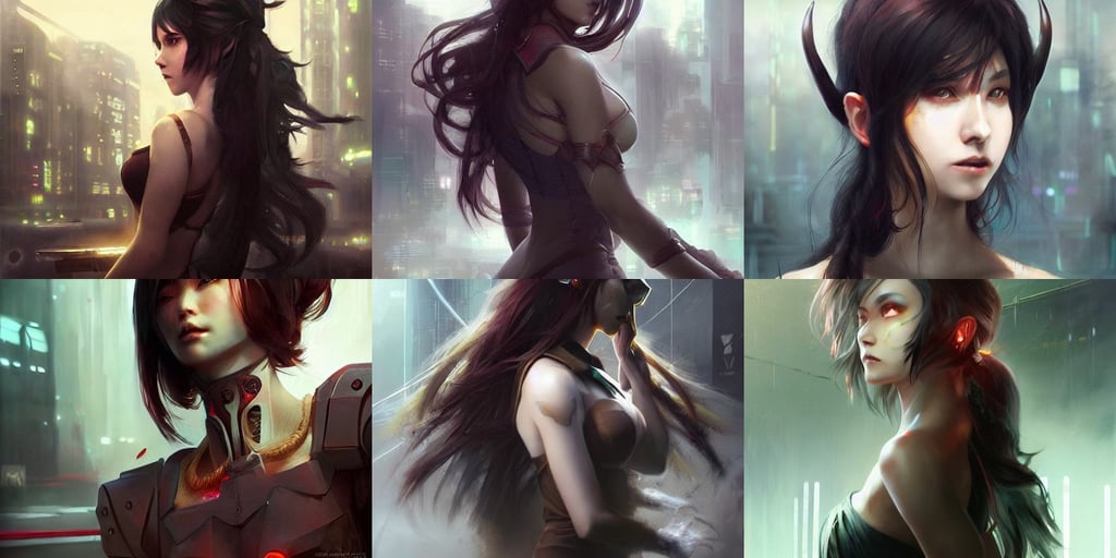 Evangalion. featured on pixiv, digital art by Ruan Jia and Mandy Jurgens and Artgerm, digital matte painting, cyberpunk color scheme, horns!, ( long dark brown hair in ponytail!!!! ), harrowing