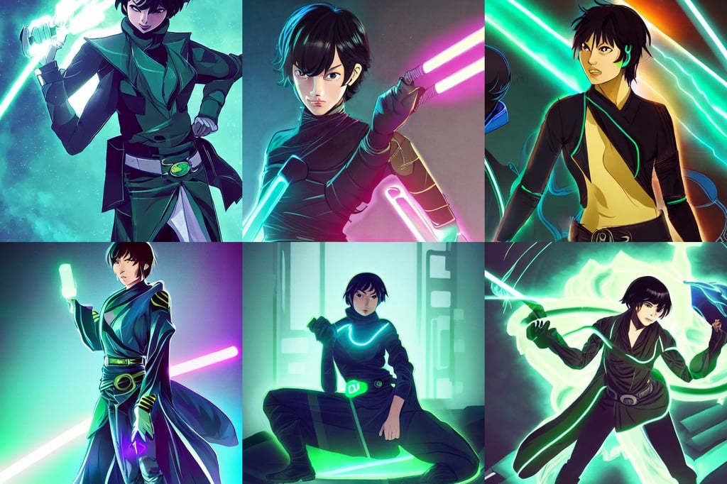 cassandra cain as a jedi, focus face, portrait shinkai makoto, relaxing on a couch, dreamy soft neon lights, and large obsidian crystals, clothes made of feathers, gradient green cyan