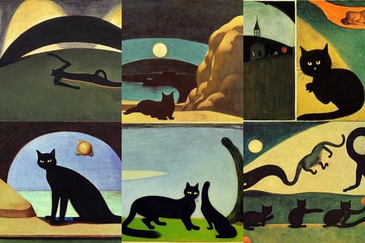 a black cat eating the universe, art by Paolo Uccello, Establishing shot, art by Gustave Courbet, a haunting scene, whirlwind, art by Edward Hopper