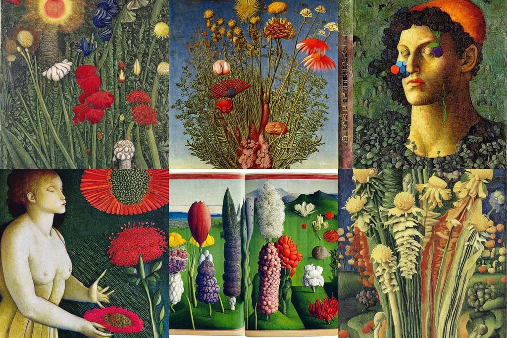 encyclopedia contains list of all flora information on earth, micro details, art by Raffaello Sanzio, art by Tiziano Vecellio Di Gregorio, art by Kazimir Malevich