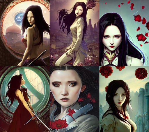 perfectly - centered - portrait - photograph of evil vampire, art by artgerm and greg rutkowski and mucha and magali villeneuv, ufotable, entertaining, low angled shot, in a dystopia city landscape, emily browning as alita, racks, falling flower petals, morocco, long sword, album art, high resolution 4K, fuji choko, hightide hermit, by greg, wonderful eyes, sharp high quality in style of Shintaro Kago, 3 d close up profile portrait, art by art by Artem Demura and Alphonse Mucha