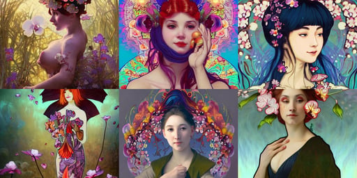 extremely psychedelic animal made of orchid and cherry blossom tree and mushroom, marc _ simonetti, hdr trending on artstation, burger face, side, a very cute beautiful and gorgeous woman wearing a dress made of fire and water, short blue hair and seductive smile, alphonse mucha and william - adolphe bouguereau, digital cyberpunk anime art, the rich live in white bases and live in luxury