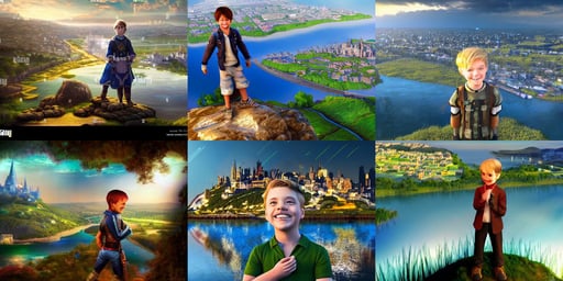 magnificent view of the city of Avalon standing on a hill in the middle of a river, fantasy portrait of a smiling boy, capcom, 3d rim light, blue artificial light