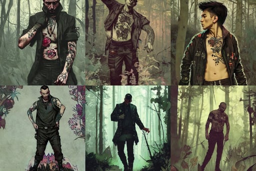 forest, artwork by ismail inceoglu, art by John Collier and Krenz Cushart and Artem Demura and Alphonse Mucha and Albert Aublet, body covered in floral tattoos, humble, yakuza, nazi ss black leather uniform, cool tone gradient background, vampire, cinematic lighting