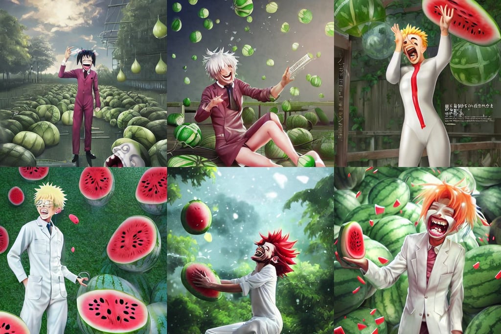 a mad scientist in his back yard laughing happily at the watermelons which are falling from the sky, award winning picture, rim light, product photo, cargo ships, simple cream dress, realistic anime style at Pixiv CGSociety by WLOP, futuristic glossy latex suit