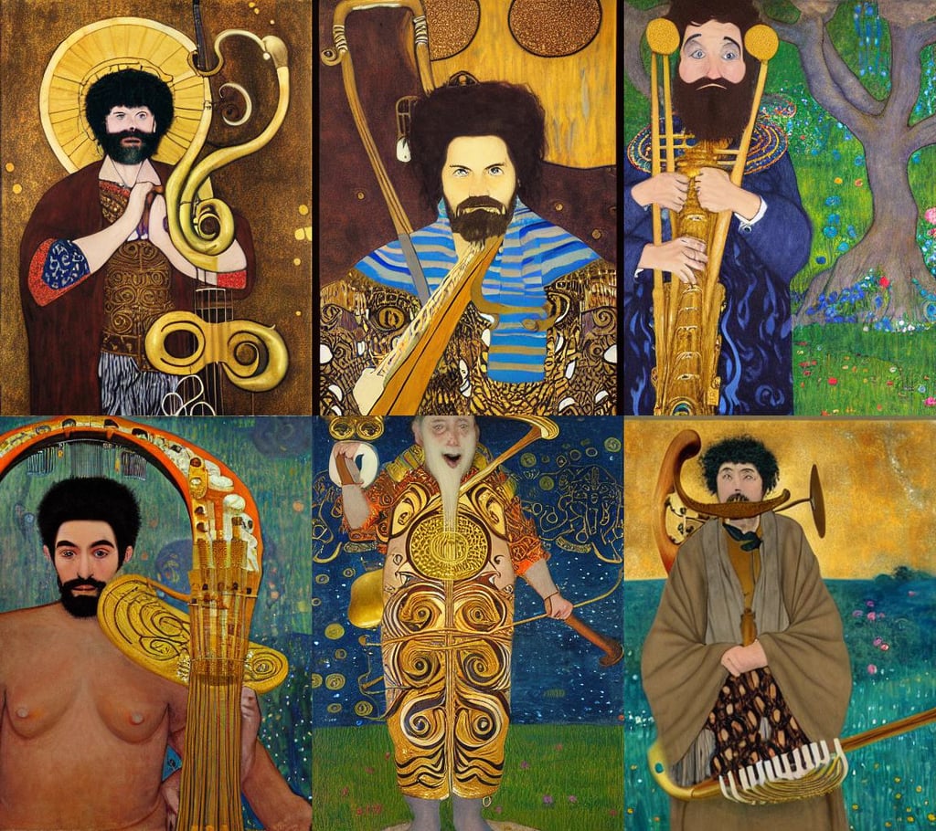 painting of a man with an elephant face wearing bard costume and holding a harp, bright clouds, ufotable studio art style, holding a staff and wearing a robe with shoulders exposed, powerful imagery, by klimt, mouth and round teeth appearing from the water