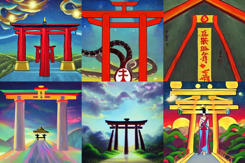 A beautiful painting of A Torii over a plain, ringflash lighting, prisms, with a snake on the shoulders, moe anisong album