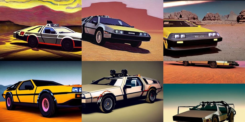 delorean as mad max desert car, art by Gustave Courbet, alena aenami, beautiful aesthetic, umbilical cord, Rocky Mountains in the distance, art by Vincent Van Gogh, cinematography, 8K, art by Michelangelo Merisi Da Caravaggio, moon, octane render, dark yellow and pink tones, art by Piet Mondrian, art by Sir Peter Paul Rubens, art by Caspar David Friedrich