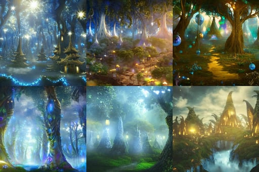 magical forest city of the elves, highly detailed vfx, iso, ethereal blue heavenly lights, gold and white clouds color scheme