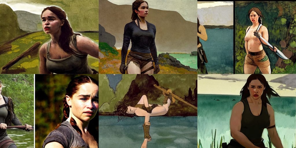 emilia clarke as Lara Croft, art by Winslow Homer, Super-Resolution, by the lake, art by Paolo Uccello, from another world, dirty and ruined image, forest