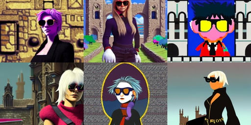 portrait of thancred, muppet, wearing sunglasses, outrun, utilitarian, ancient gothic city behind her, one pixel brush