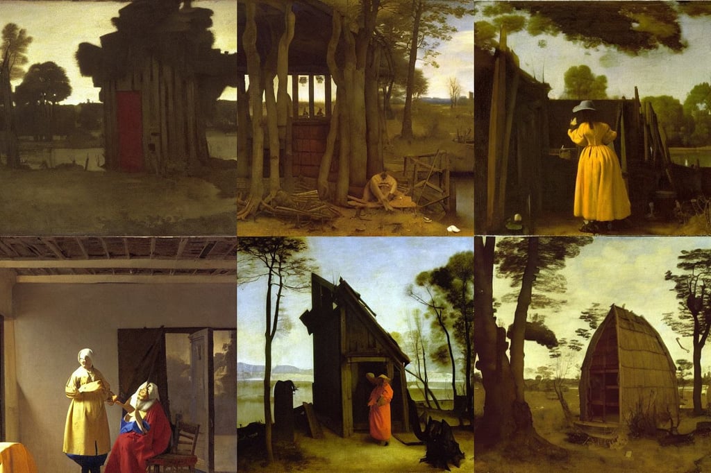 The Hut of the Swamp Witch, factory setting, trending on pixiv, art by Johannes Vermeer, art by Nicolas Poussin, art by Caspar David Friedrich, team