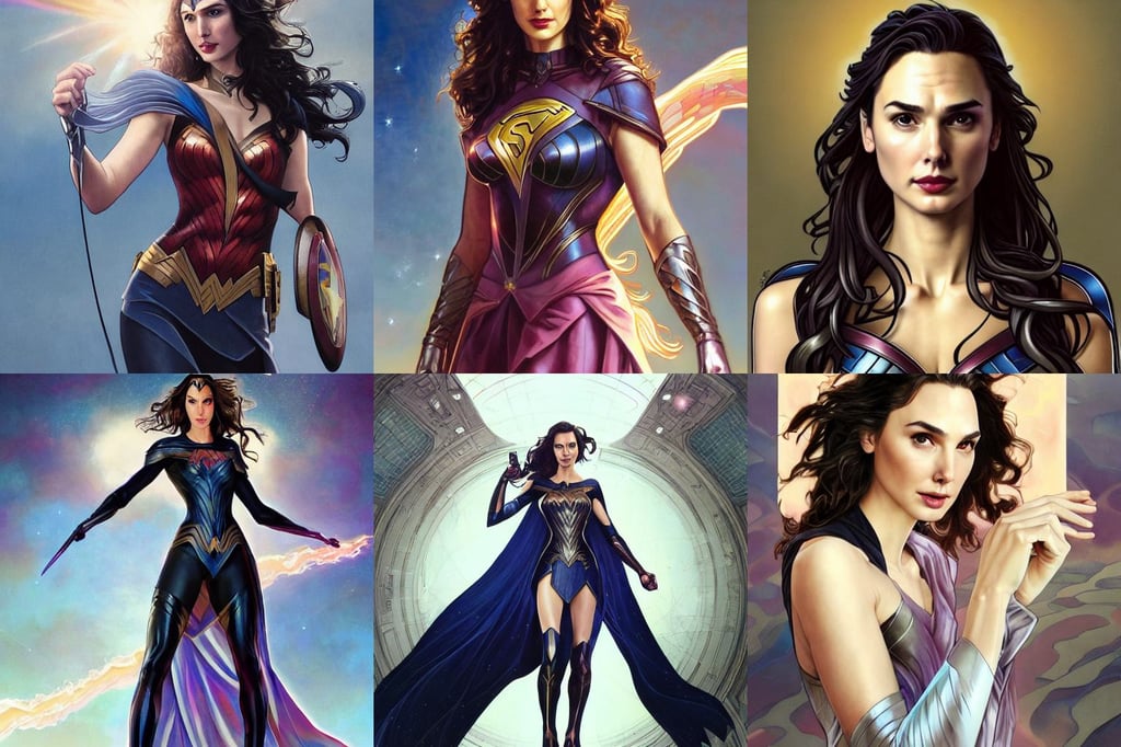 a beautiful gal gadot as an superhero winona ryder fighting crime, painttoolsai 2, precisionism, wispy, digital art by artgerm and greg rutkowski and alphonse mucha. highly detailed, shirt, chengwei pan on pixiv, astronomy, vivid 8 k, stylish dress, professionally retouched, precisionism, in her hair, concept art by greg rutkowski and artgerm and mucha, hyper detailled, circular face, kidmo!!!, award-winning digital art on Pixiv, floating ash, maya 8 k