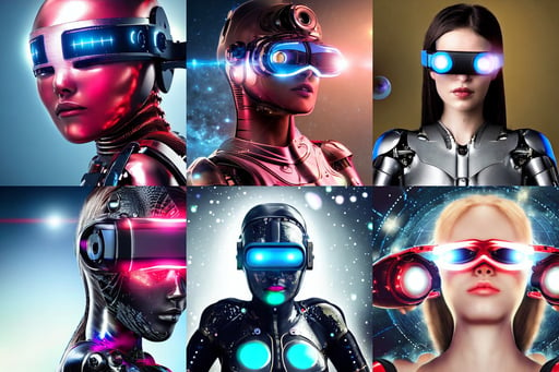 an ultra realistic beautiful cyborg woman with eyes-closed, cosmic background, red VR goggles, in sci-fi armour