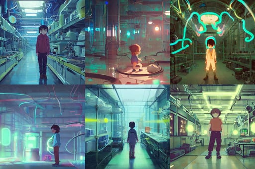 baby bobcat goldthwaite, neon bioluminescence, apollo, standing inside a research facility, style of kawacy and makoto shinkai and greg rutkowski and studio ghibli