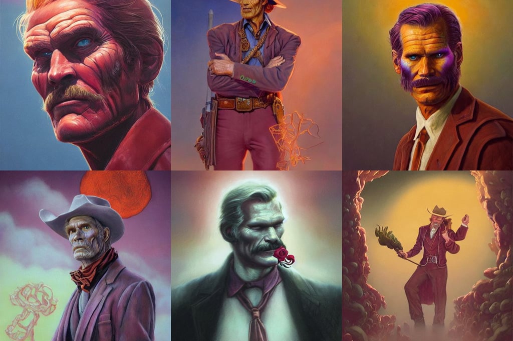 formal portrait of charlton heston as wyatt earp, hearthstone card game, diamond and rose quartz, rich deep colors. Beksinski painting, Simon Stålenhag. Concept art, art by saruei, woman transformed into a genie, perfect face orange hair, in a serene landscape by jan frans van bloemen, rick griffin, vines, extremely fine inking lines