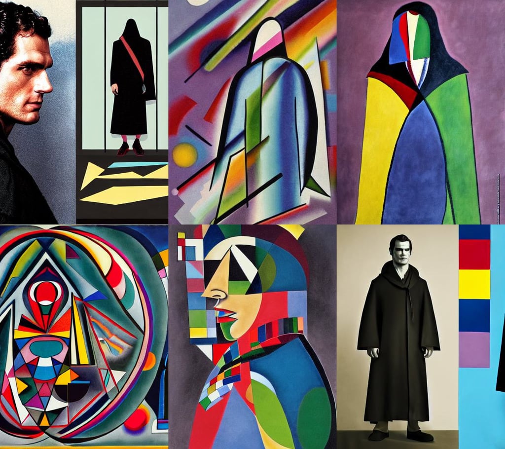 Medium shot of Henry Cavill as an hooded Assassin, fashion, art by Wassily Kandinsky, cyan, art by Marcel Duchamp, art by Wassily Kandinsky - Photo