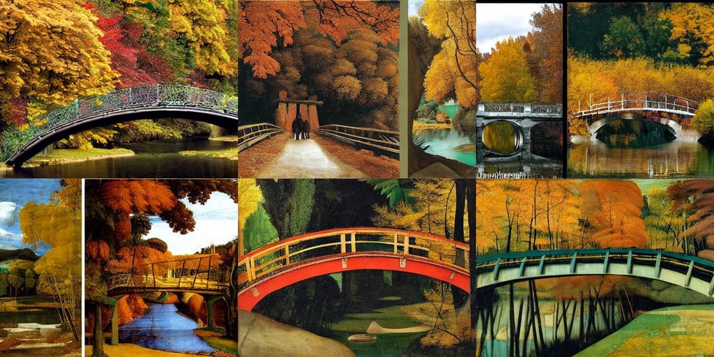 a foot-bridge in beautiful autumn-woods, art by Jean-michel Basquiat, art by Raffaello Sanzio, art by Artemisia Gentileschi, art by Michelangelo Merisi Da Caravaggio, along the lake, art by Andrea Mantegna, art by Diego Velázquez, mexico, art by Michelangelo Buonarroti, art by Michelangelo Merisi Da Caravaggio