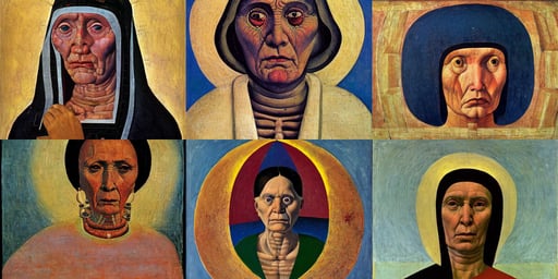 Portrait of Cuban woman elder, multiple eyes, art by Kazimir Malevich, umbilical cord, art by Piero Della Francesca, 35mm octane render, art by Giotto Di Bondone