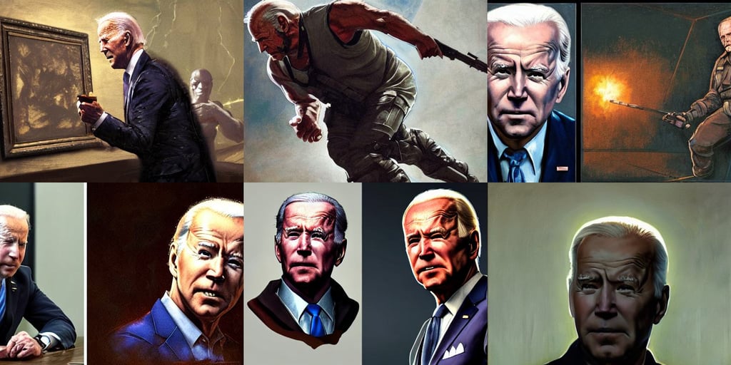 Biden playing escape from Tarkov, ligh toned skin, portrait by Greg Rutkowski, art by Jackson Pollock, art by Michelangelo Buonarroti, outerspace, art by Francis Bacon, art deco