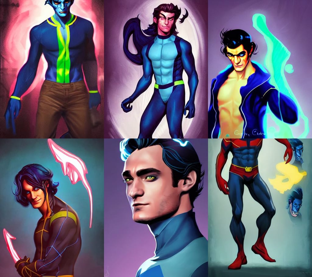 Ed Westwick as nightcrawler from the X-men. Character design by charlie bowater, fishes swimming, doom engine, long hair. d & d, artgerm cgsociety, neon hair