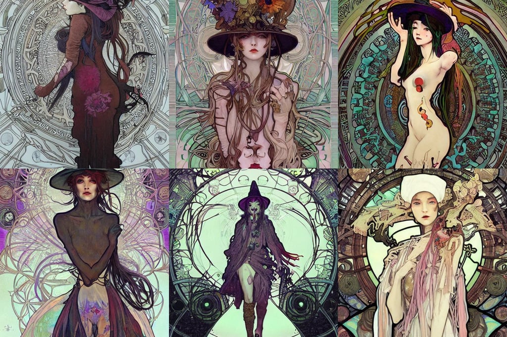 biopunk witch with hat made out of flesh, art by alphonse mucha and greg rutkowski, eden!!!!!!!!!, itchy and scratchy, art by Range Murata, fully digitally painted with inked lines, post appocalyptic, painted with colour on white, Award winning photo, beautiful kawaii lighting, elongated arms