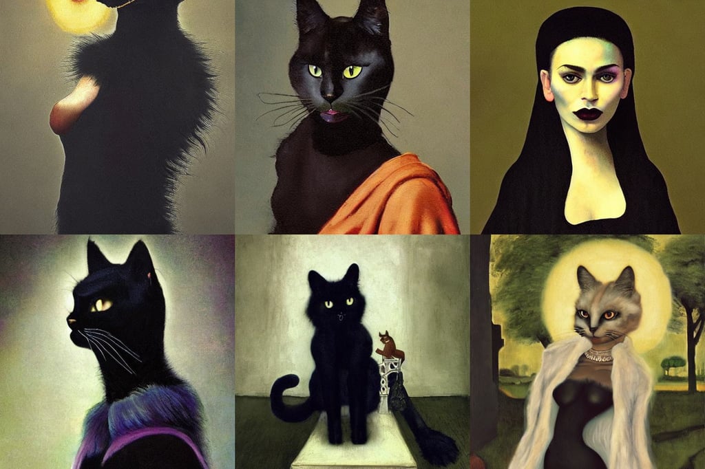 ethereal furry anthro black cat with a cloak, Bokeh blur, octane render, art by Leonardo Da Vinci, landscaping and lawns, art by Johannes Vermeer, fashion dress, art by Magdalena Carmen Frida Kahlo Claderón, art by Edvard Munch