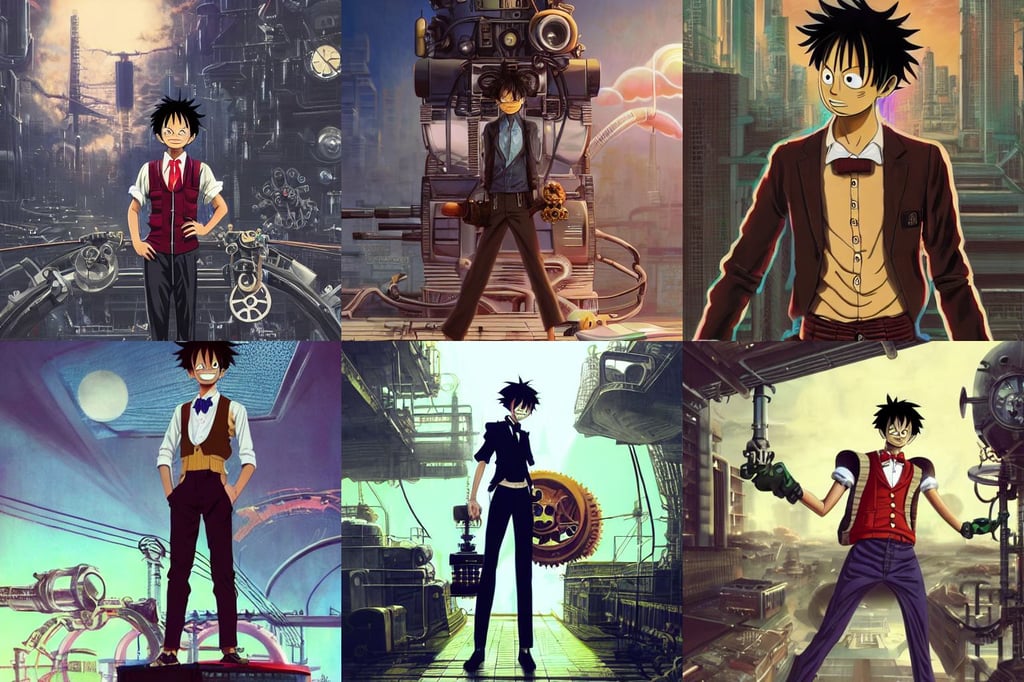 a full body portrait of a confident mechanic luffy atop a steampunk robot, wearing a bowtie and sweater vest, pretty young burmese - japanese victoria justice, (colour) eyes, scarred, artstation!! pixiv!!, futuristic city background, by syd mead and roger deakins, art by greg rutkowski, by kenneth willardt, visionary arts, gothic horror, highly detailed fur, mouth and sharp teeth appearing from the bushes, highly detailed epic cinematic concept art CG render. made in Maya