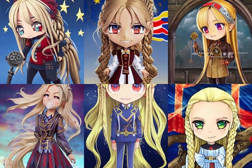 highly detailed picture of great dragon news anchor talking head. perfectly symmetrical face, long blond braided hair, medieval alchemist in the dark, sometimes you can see the flags of the USSR and America, close - up of face, cool pose, mad painting nendoroid eyes kawaii chibi pixiv key visual manga cover