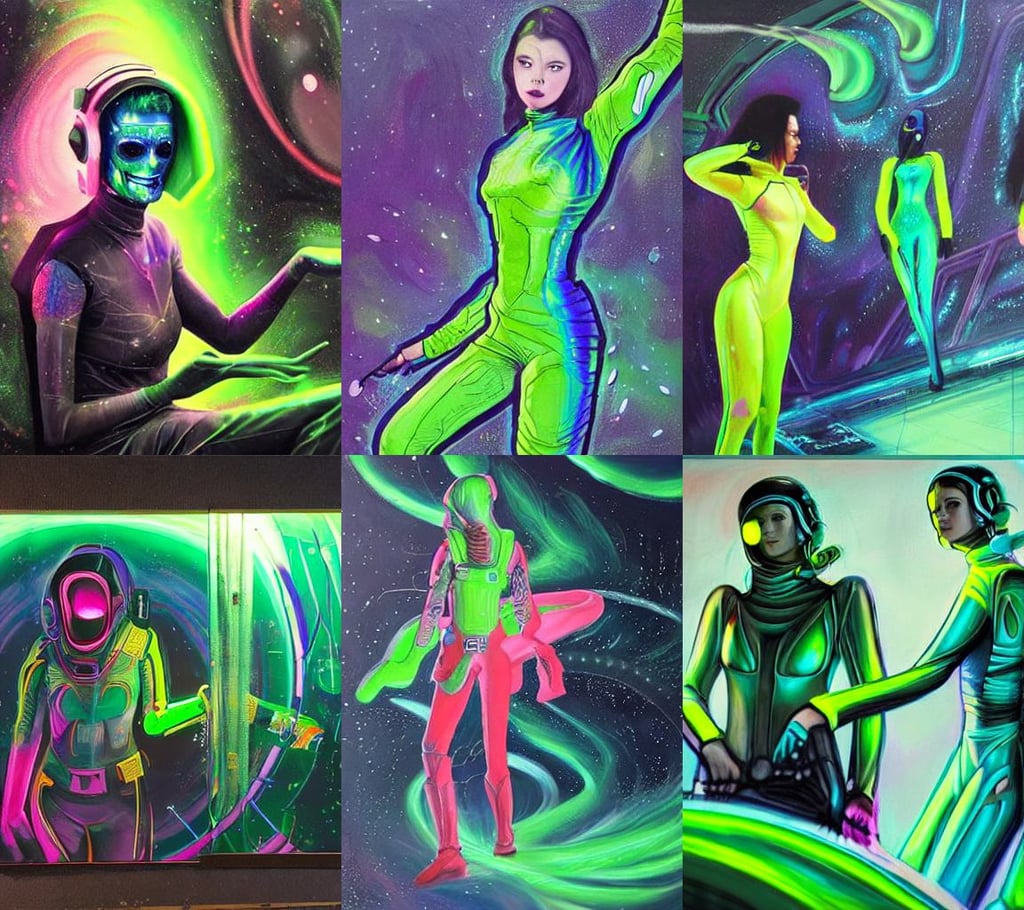 Exhausted good looking  young  women wearing neon colored armour suits in a space station, sci - fi concept art, hyperrealistic mixed media painting of the grim reaper, bending space and time, astral aurora, swirling green-colored silk fabric, a detailed matte painting by shin yun - bok, art by chloe schmid, ui cards, holding a large futurstic sythe | | epic - fine - clean, cockpit, fine details. red, beautiful crystals, detailed attributes and atmosphere