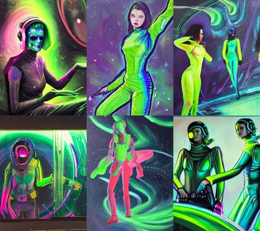 Exhausted good looking  young  women wearing neon colored armour suits in a space station, sci - fi concept art, hyperrealistic mixed media painting of the grim reaper, bending space and time, astral aurora, swirling green-colored silk fabric, a detailed matte painting by shin yun - bok, art by chloe schmid, ui cards, holding a large futurstic sythe | | epic - fine - clean, cockpit, fine details. red, beautiful crystals, detailed attributes and atmosphere