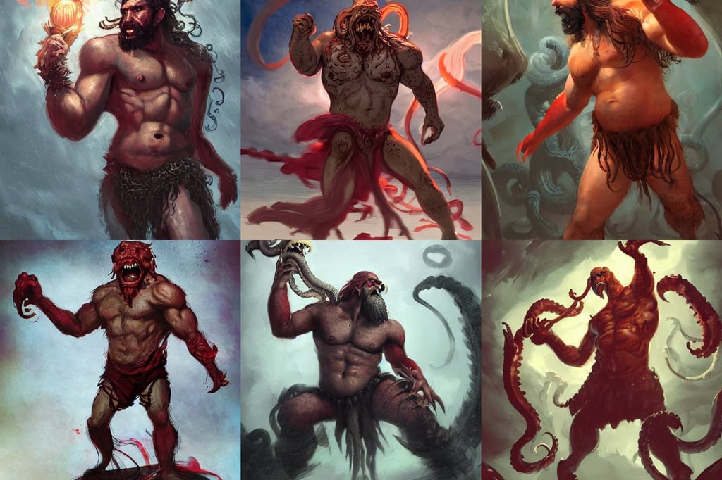 kraken by christian dimitrov and titian and eddie mendoza, Guildwars2, extensive notes, red colors, by borris vallegio, perfect proportions fine face, bearded man serenading delicious hot dogs, casually clothed! obviously feminine holy body!! light effect. hyper detailed, short focus depth, dynamic - pose, by yousuke kabashima