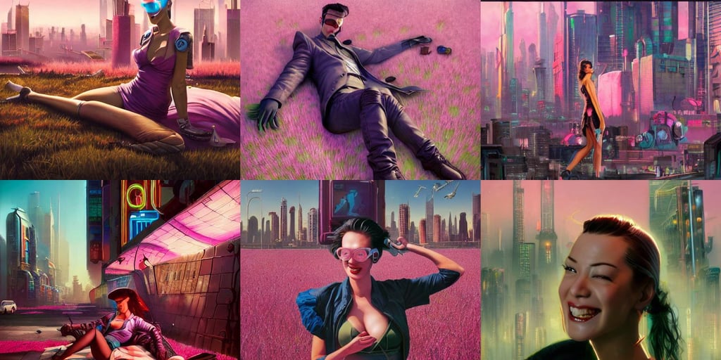 cyberpunk city, Stanley Artger Lau, painted texture, gil elvgren, people on the streets, art by stanley artgerm and greg rutkowski and peter mohrbacher, blender guru, cinematographic, laying in the middle of a field of pink grass, front portrait, laughing man, art by keith thompson and christopher lane, ran movie still