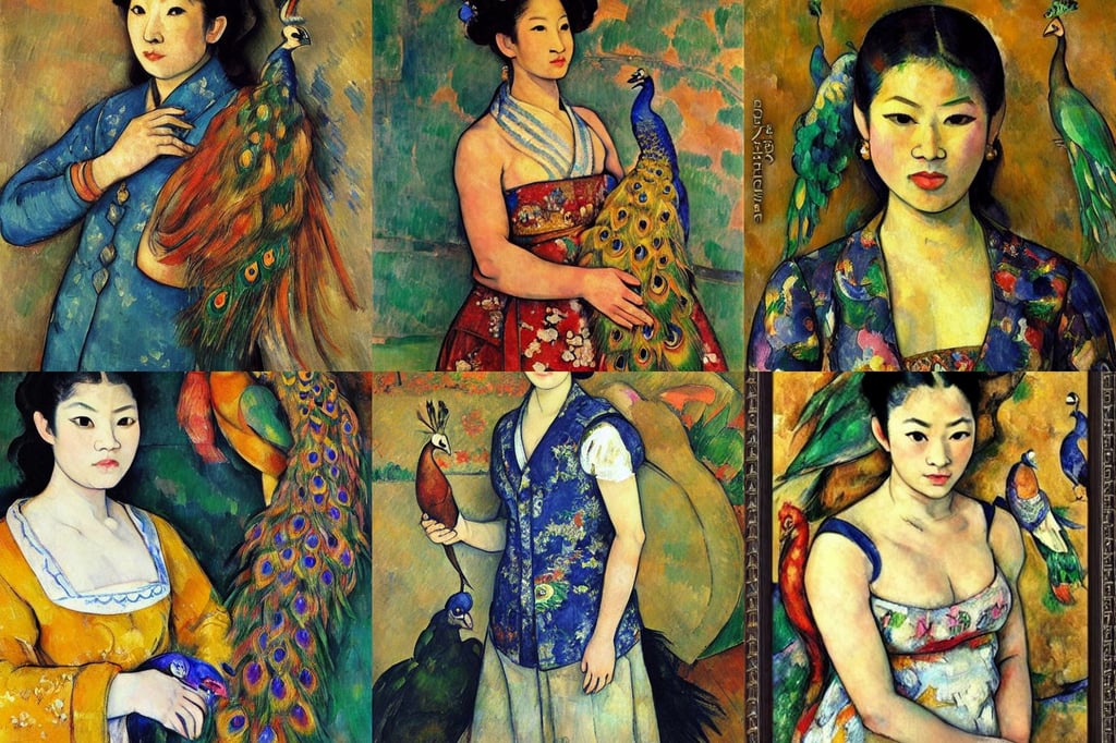 Realistic portrait of an Asian queen holding a peacock, art by Paul Cézanne, intelligent, Atelier Firis, fullbody, hyper detail, big arms, a haunting scene, artstation, intricate picture frame, art by Gustav Klimt, art by Paul Cézanne