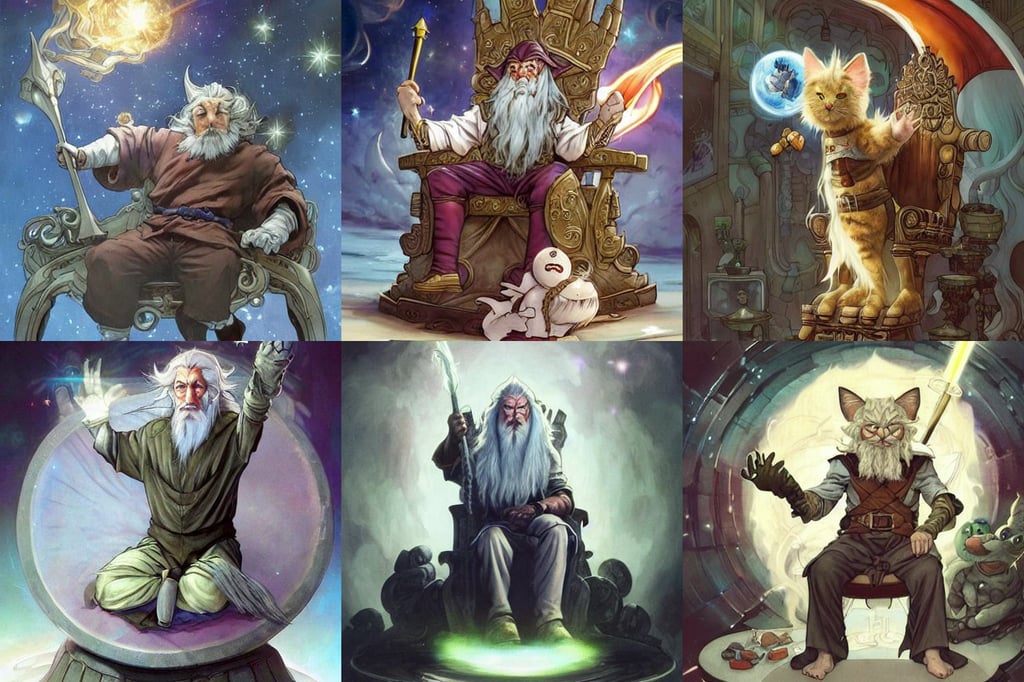 one cartoonish kitty dressed as Gandalf floating alone in space, sitting on a throne in an ancient temple, black eyeshadow, robert downey jr. as dapper fancy luigi, art by frank frazetta and marco bucci and loish and rossdraws and artgerm and alphonse mucha, by a professional comic artist, volume lighting, covered with white meat, by Viktor Antonov