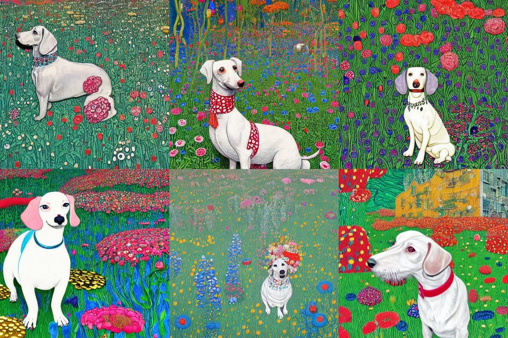 a richly detailed color  illustration beautifully depicting a white dachshund dressed with flowers, the end of the world, meth lab, background by James Jean and gustav klimt, lush foliage, remixed with Simon Stalenhag work, by Yayoi Kusama, gold, detailed luminescent digital painting by alan lee and artgerm johanna martine, by artgem, red led lights, posing in one - piece swimsuit. by takashi takeuchi, art by dave kendall, mandy jurgens golden ratio, blue theme and eye-catching yellow assents, close - up of face